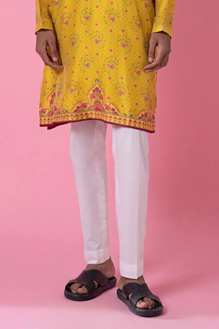 Siddhartha Bansal_Yellow Chanderi, Cotton Embroidery Floral Print Kurta With Pant _Online_at_Aza_Fashions