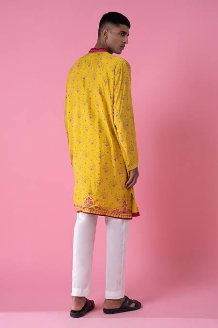 Shop_Siddhartha Bansal_Yellow Chanderi, Cotton Embroidery Floral Print Kurta With Pant _at_Aza_Fashions