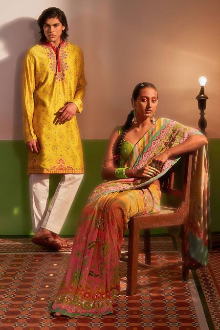 Shop_Siddhartha Bansal_Yellow Chanderi, Cotton Embroidery Floral Print Kurta With Pant _Online_at_Aza_Fashions