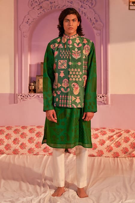 Siddhartha Bansal Emerald Green Kurta Chanderi Printed Floral Paisley With Pant 