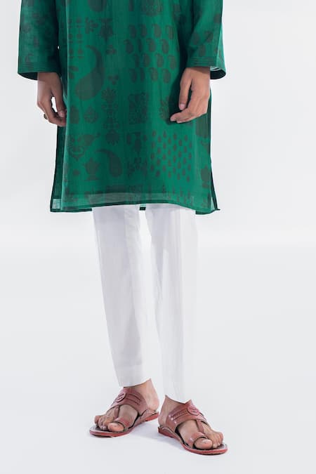 Siddhartha Bansal_Emerald Green Chanderi, Cotton Embroidery Paisley Print Kurta With Pant _Online_at_Aza_Fashions