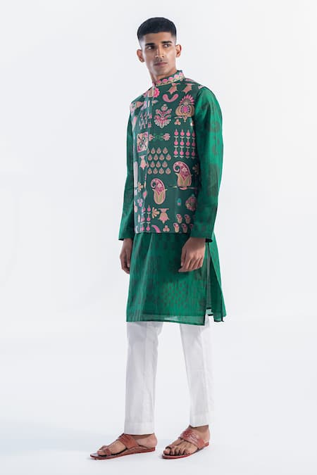 Buy_Siddhartha Bansal_Emerald Green Chanderi, Cotton Embroidery Paisley Print Kurta With Pant _Online_at_Aza_Fashions