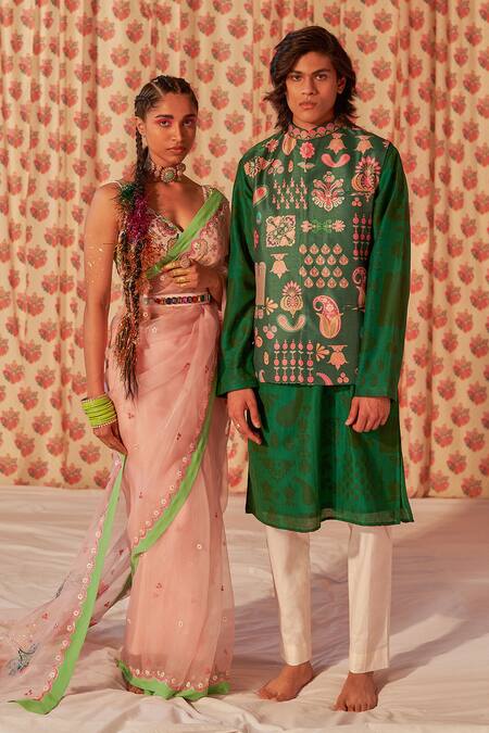 Siddhartha Bansal_Emerald Green Chanderi, Cotton Embroidery Paisley Print Kurta With Pant _at_Aza_Fashions