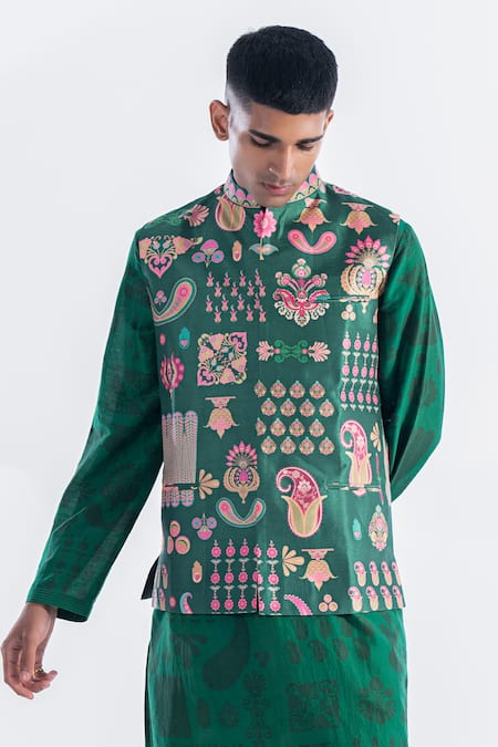 Buy_Siddhartha Bansal_Emerald Green Chanderi, Cotton Embroidery Paisley Print Kurta With Pant 