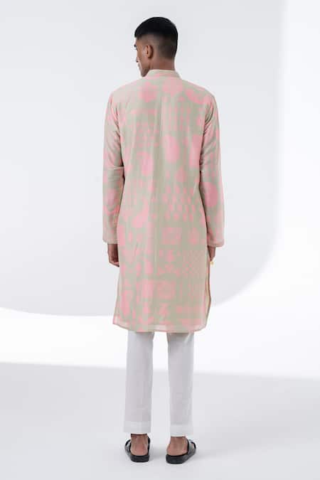 Siddhartha Bansal_Pink Chanderi, Cotton Embroidery Floral Print Kurta With Pant _Online_at_Aza_Fashions