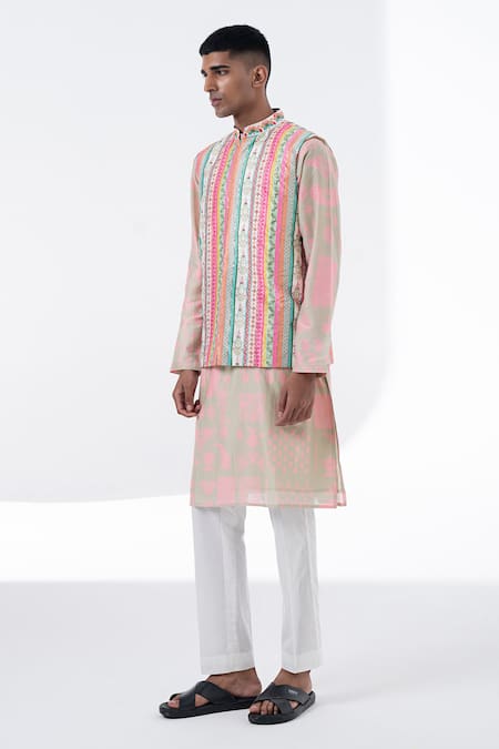 Shop_Siddhartha Bansal_Pink Chanderi, Cotton Embroidery Floral Print Kurta With Pant _Online_at_Aza_Fashions