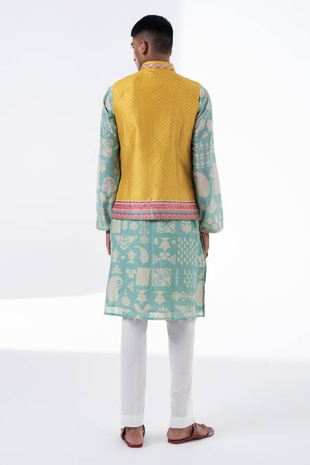Siddhartha Bansal_Blue Chanderi, Cotton Blossom Print Kurta With Pant _Online_at_Aza_Fashions