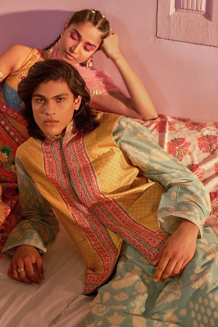 Shop_Siddhartha Bansal_Blue Chanderi, Cotton Blossom Print Kurta With Pant _Online_at_Aza_Fashions