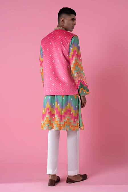 Siddhartha Bansal_Multi Color Chanderi, Cotton Chevron Print Kurta With Pant _Online_at_Aza_Fashions