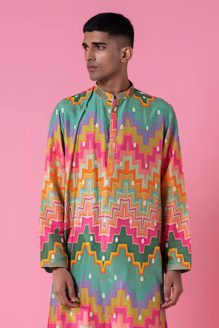 Siddhartha Bansal_Multi Color Chanderi, Cotton Chevron Print Kurta With Pant _at_Aza_Fashions