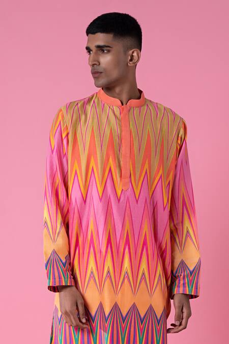 Buy_Siddhartha Bansal_Yellow Chanderi, Cotton Chevron Print Kurta With Pant 
