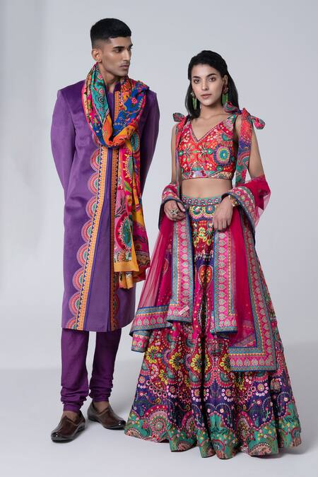 Buy_Siddhartha Bansal_Purple Sherwani Suede Velvet Printed Floral With Churidar  _Online_at_Aza_Fashions