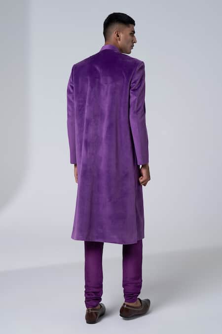 Siddhartha Bansal_Purple Sherwani Suede Velvet Printed Floral With Churidar  _Online_at_Aza_Fashions