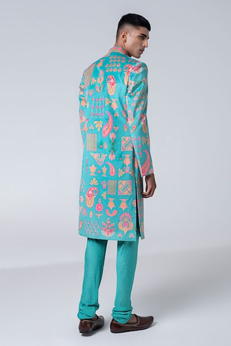 Shop_Siddhartha Bansal_Green Sherwani Suede Velvet Printed Floral With Churidar  _at_Aza_Fashions