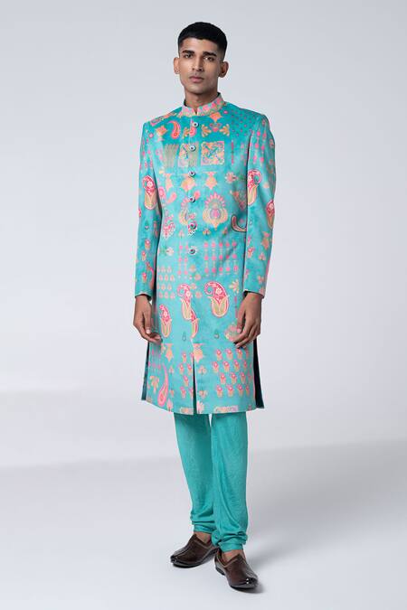Siddhartha Bansal_Green Sherwani Suede Velvet Printed Floral With Churidar  _Online_at_Aza_Fashions