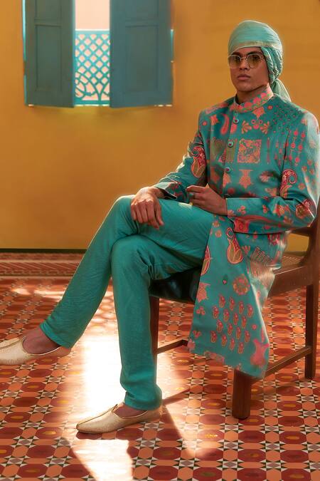 Buy_Siddhartha Bansal_Green Sherwani Suede Velvet Printed Floral With Churidar  _Online_at_Aza_Fashions