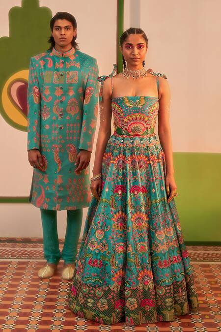 Shop_Siddhartha Bansal_Green Sherwani Suede Velvet Printed Floral With Churidar  _Online_at_Aza_Fashions