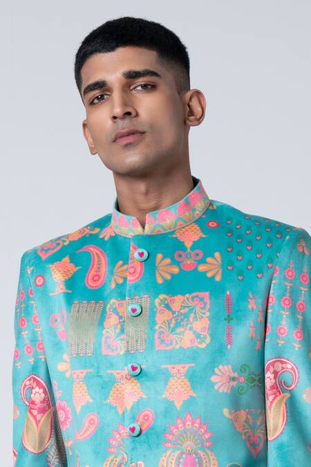 Siddhartha Bansal_Green Sherwani Suede Velvet Printed Floral With Churidar  _at_Aza_Fashions
