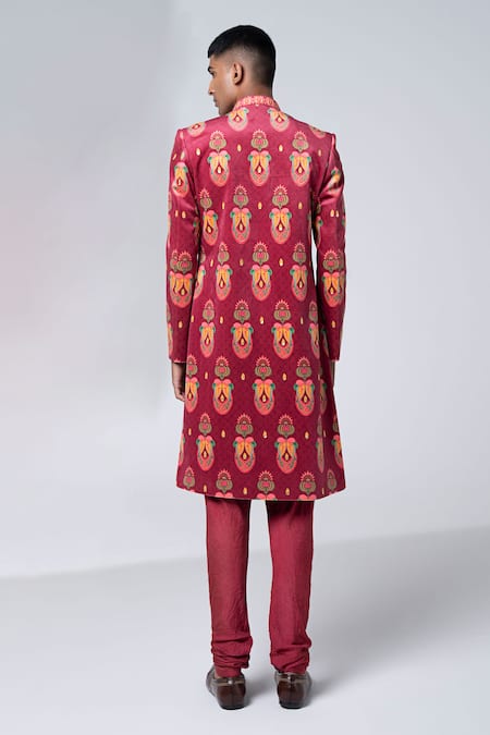 Siddhartha Bansal_Maroon Sherwani Suede Velvet Printed Floral With Churidar  _Online_at_Aza_Fashions