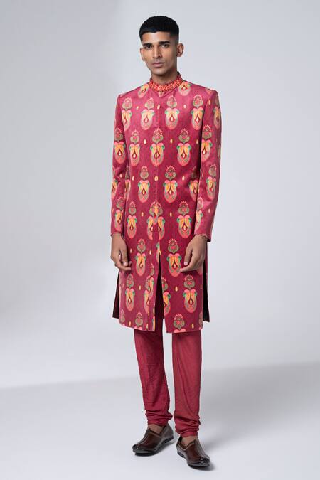 Buy_Siddhartha Bansal_Maroon Sherwani Suede Velvet Printed Floral With Churidar  _Online_at_Aza_Fashions