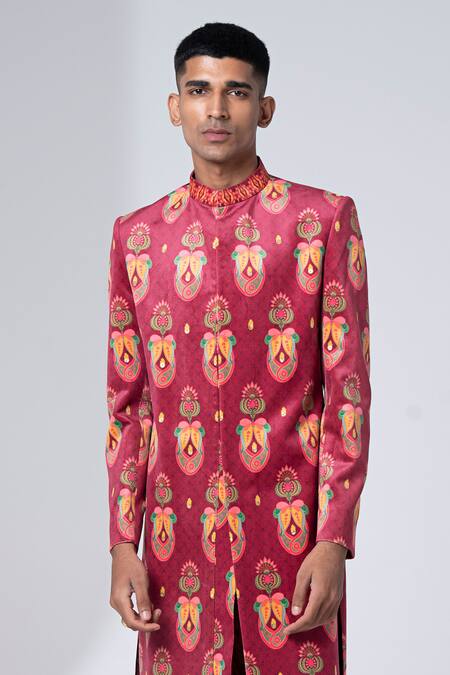 Siddhartha Bansal_Maroon Sherwani Suede Velvet Printed Floral With Churidar  _at_Aza_Fashions