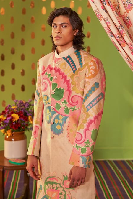 Siddhartha Bansal_Pink Sherwani Suede Velvet Printed Floral Abstract With Churidar  _Online_at_Aza_Fashions