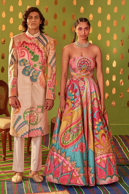 Buy_Siddhartha Bansal_Pink Sherwani Suede Velvet Printed Floral Abstract With Churidar  _Online_at_Aza_Fashions