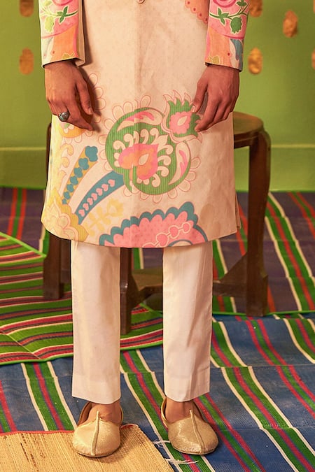 Shop_Siddhartha Bansal_Pink Sherwani Suede Velvet Printed Floral Abstract With Churidar  _Online_at_Aza_Fashions