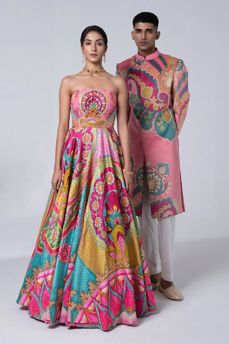 Buy_Siddhartha Bansal_Pink Sherwani Suede Velvet Printed Floral Abstract With Churidar  _Online_at_Aza_Fashions