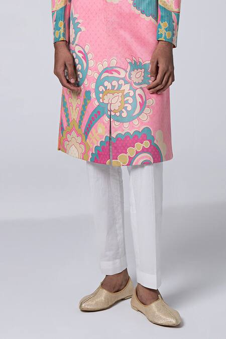 Shop_Siddhartha Bansal_Pink Sherwani Suede Velvet Printed Floral Abstract With Churidar  _Online_at_Aza_Fashions