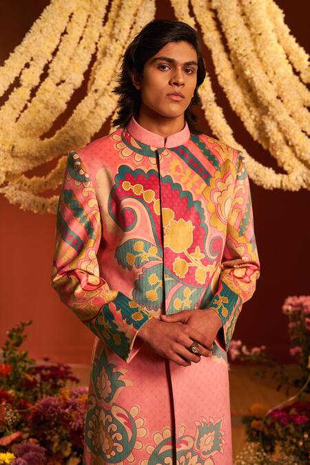 Siddhartha Bansal_Pink Sherwani Suede Velvet Printed Floral Abstract With Churidar  _at_Aza_Fashions