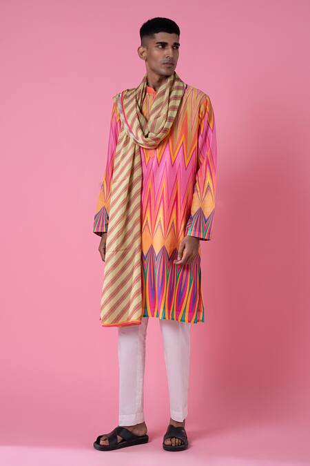 Shop_Siddhartha Bansal_Beige Stripe Print Stole _at_Aza_Fashions