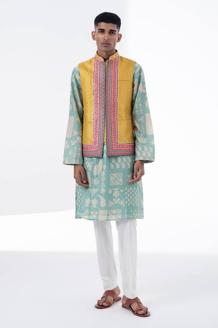 Buy_Siddhartha Bansal_Yellow Cut Work Cutdana Embroidered Ochre Bundi _Online_at_Aza_Fashions