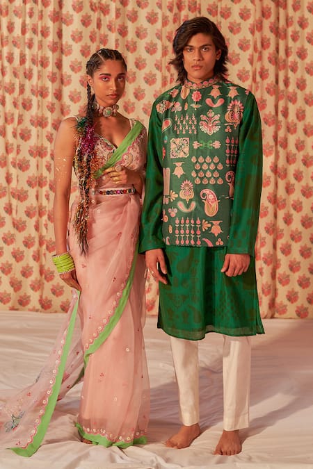 Shop Siddhartha Bansal Emerald Green Silk Embroidery Floral Printed Bundi Online at Aza Fashions Shop_Siddhartha Bansal_Emerald Green Silk Embroidery Floral Printed Bundi _Online_at_Aza_Fashions