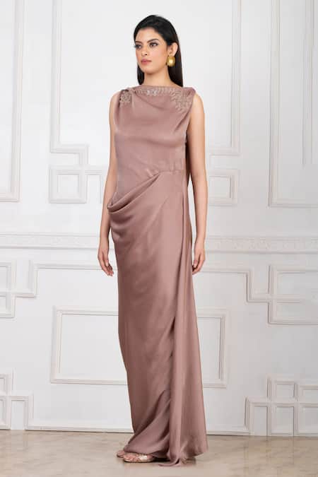 Buy Megha Garg Brown Satin Embroidery Boat Neck Draped Applique Gown Online at Aza Fashions Buy_Megha Garg_Brown Satin Embroidery Boat Neck Draped Applique Gown _Online_at_Aza_Fashions