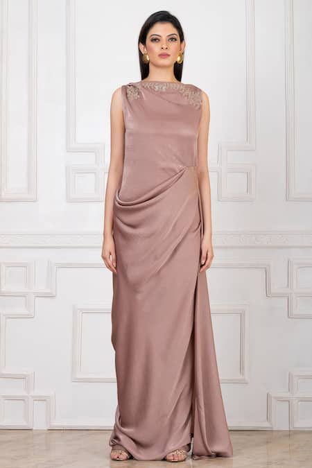 Megha Garg Brown Satin Embroidery Boat Neck Draped Applique Gown at Aza Fashions Megha Garg_Brown Satin Embroidery Boat Neck Draped Applique Gown _at_Aza_Fashions