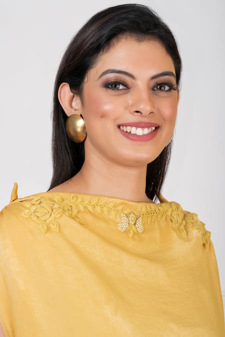 Megha Garg Yellow Satin Applique Boat Neck Draped Gown Online at Aza Fashions Megha Garg_Yellow Satin Applique Boat Neck Draped Gown _Online_at_Aza_Fashions