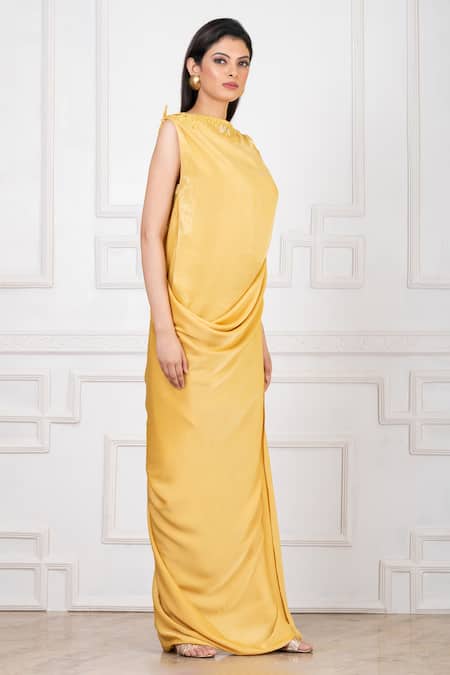 Buy Megha Garg Yellow Satin Applique Boat Neck Draped Gown Online at Aza Fashions Buy_Megha Garg_Yellow Satin Applique Boat Neck Draped Gown _Online_at_Aza_Fashions