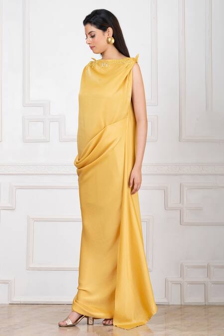 Megha Garg Yellow Satin Applique Boat Neck Draped Gown at Aza Fashions Megha Garg_Yellow Satin Applique Boat Neck Draped Gown _at_Aza_Fashions