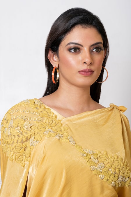 Megha Garg Yellow Satin Embroidery V-neck Applique Embellished Gown Online at Aza Fashions Megha Garg_Yellow Satin Embroidery V-neck Applique Embellished Gown _Online_at_Aza_Fashions