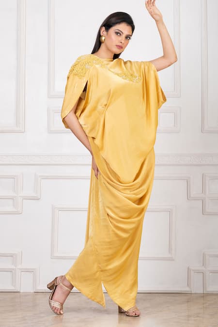 Buy Megha Garg Yellow Satin Embroidery V-neck Applique Embellished Gown Online at Aza Fashions Buy_Megha Garg_Yellow Satin Embroidery V-neck Applique Embellished Gown _Online_at_Aza_Fashions
