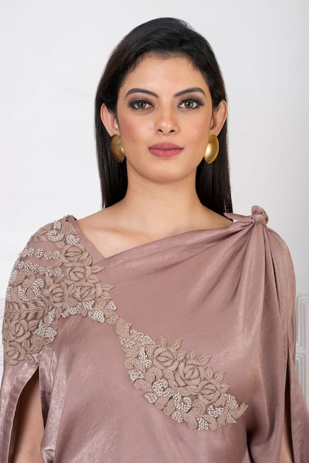 Megha Garg_Brown Satin Embroidery V-neck Embellished Applique Gown _Online_at_Aza_Fashions