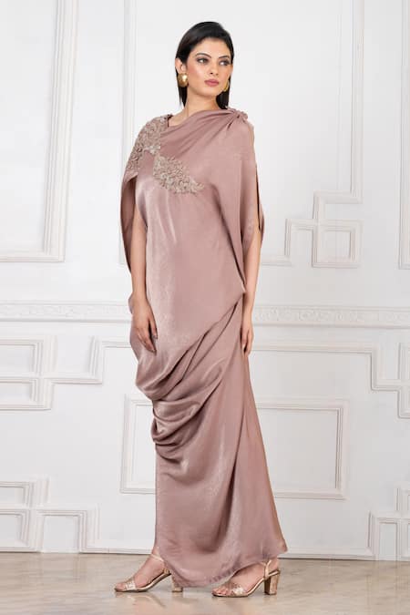 Buy_Megha Garg_Brown Satin Embroidery V-neck Embellished Applique Gown _Online_at_Aza_Fashions