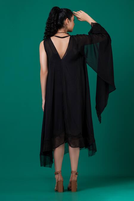 Shop_Megha Garg_Black Chiffon Embroidery V-neck Draped Applique Dress _at_Aza_Fashions