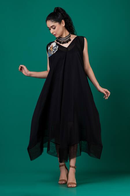 Megha Garg_Black Chiffon Embroidery V-neck Draped Applique Dress _Online_at_Aza_Fashions