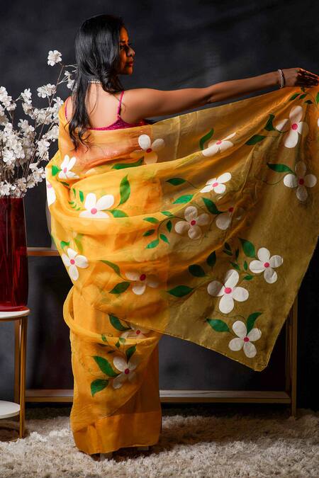 Shop Avalipt Yellow 100% Silk Organza Handpainted Floral Amber Blossom Saree at Aza Fashions Shop_Avalipt_Yellow 100% Silk Organza Handpainted Floral Amber Blossom Saree_at_Aza_Fashions