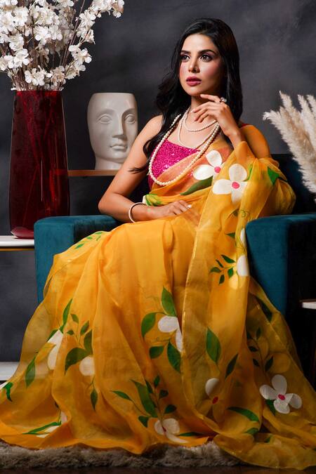 Avalipt Yellow 100% Silk Organza Handpainted Floral Amber Blossom Saree Online at Aza Fashions Avalipt_Yellow 100% Silk Organza Handpainted Floral Amber Blossom Saree_Online_at_Aza_Fashions