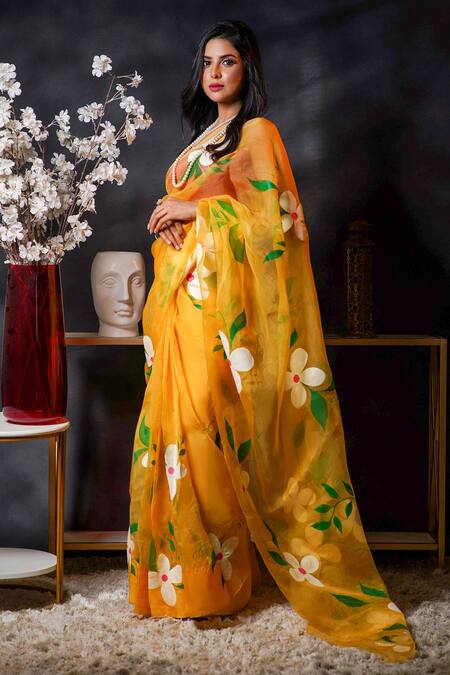 Buy Avalipt Yellow 100% Silk Organza Handpainted Floral Amber Blossom Saree Online at Aza Fashions Buy_Avalipt_Yellow 100% Silk Organza Handpainted Floral Amber Blossom Saree_Online_at_Aza_Fashions