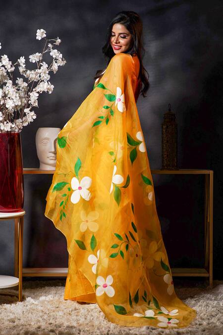 Shop Avalipt Yellow 100% Silk Organza Handpainted Floral Amber Blossom Saree Online at Aza Fashions Shop_Avalipt_Yellow 100% Silk Organza Handpainted Floral Amber Blossom Saree_Online_at_Aza_Fashions