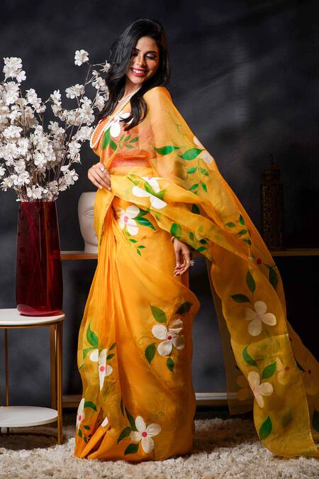 Avalipt Yellow 100% Silk Organza Handpainted Floral Amber Blossom Saree at Aza Fashions Avalipt_Yellow 100% Silk Organza Handpainted Floral Amber Blossom Saree_at_Aza_Fashions